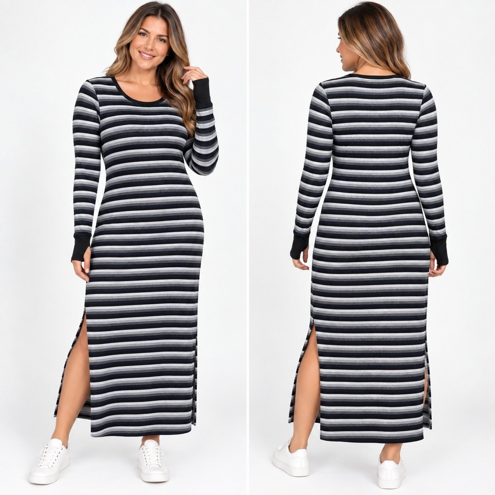 Socialite Womens Striped Ribbed Long Sleeve Maxi Dress Black Grey Large